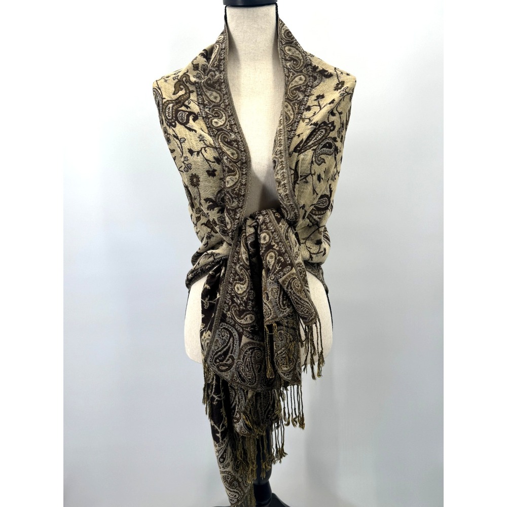 Pashmina Shawl Scarf Wrap Paisley Floral Brown Tan Cream Cashmere Earthy Garden